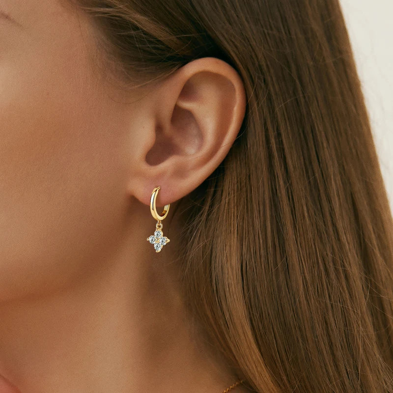 IOGOU S925 Sterling Silver Hoops Earrings Real 3mm Moissanite Four Leaf Clover Drop Dangle Earrings for Women Cute Jewelry Charm